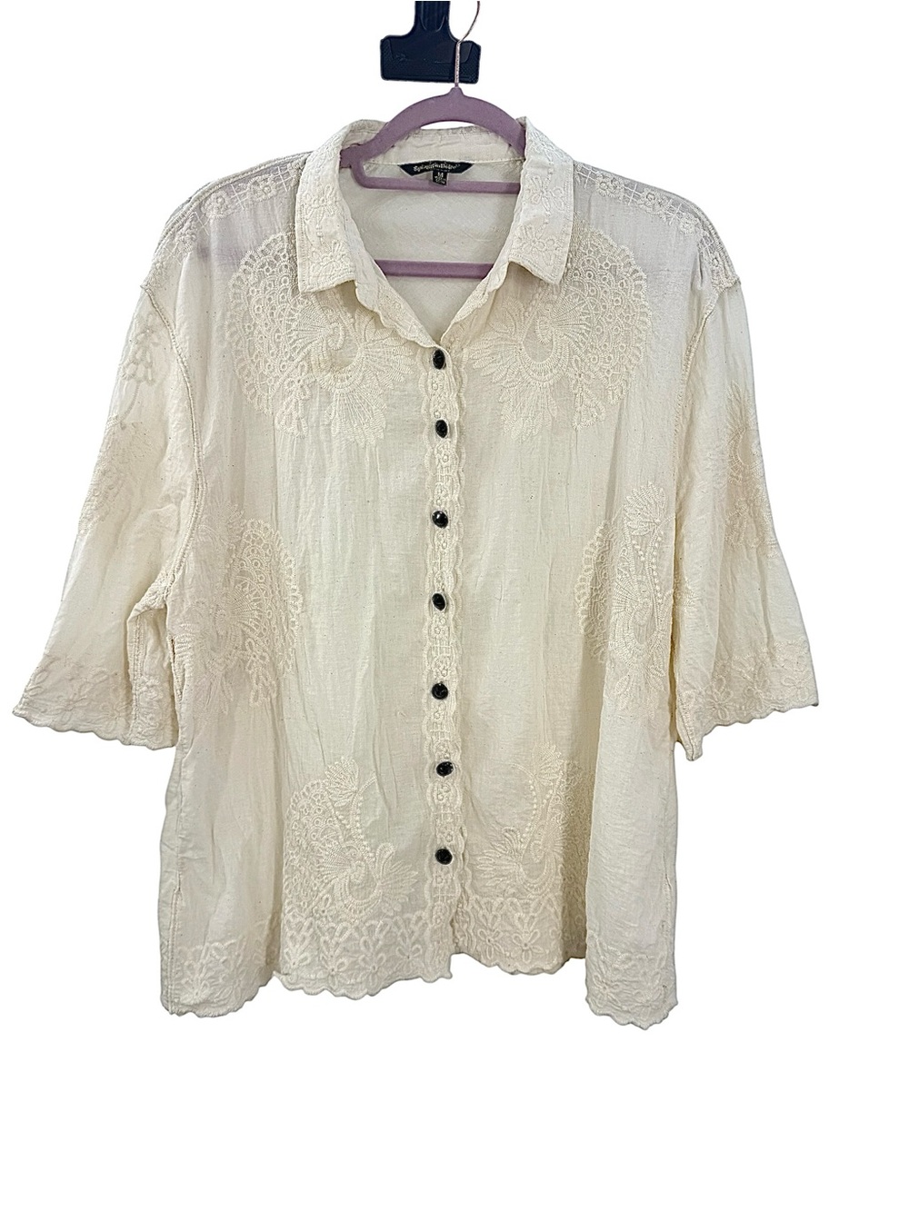 Spiaggia Dolce Embroidered Linen Blend Button Up Blouse M Ivory Boho